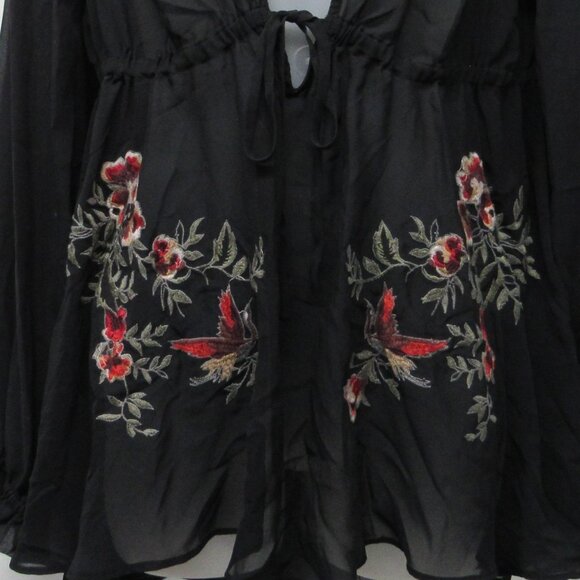 Express Black Sheer Embroidered Deep V-Neck Babydoll Fairy Long Sleeve Blouse M - Picture 5 of 5